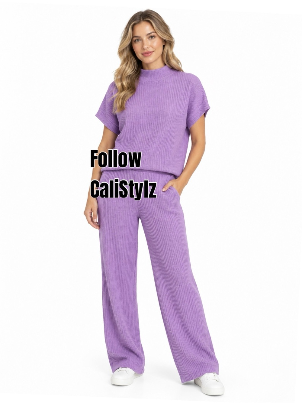 💜 New! Zenana Lavender Mock Neck, Wide-Leg Knit 2-Piece Sweater Pant Set